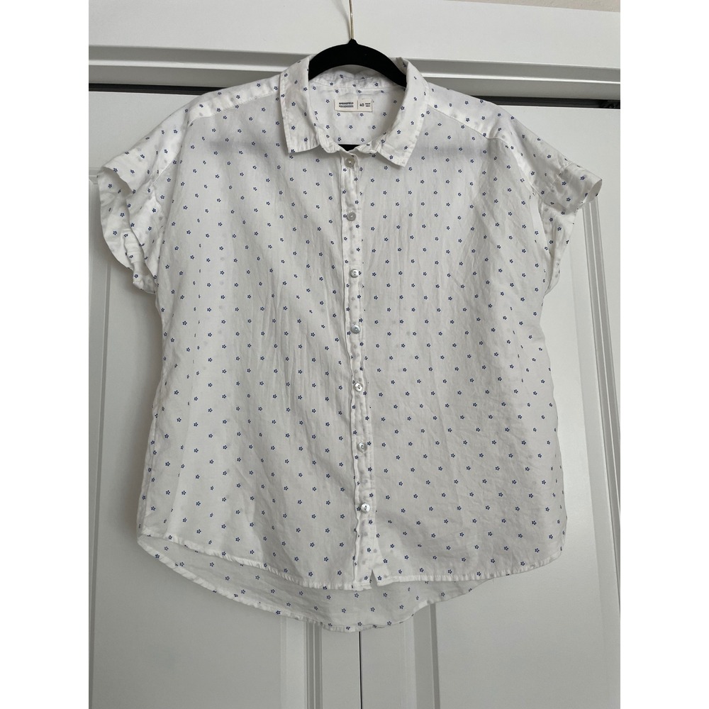 Springfield Button Down Shirt Cap Sleeve Coastal Cottagecore White Blue-Size 6